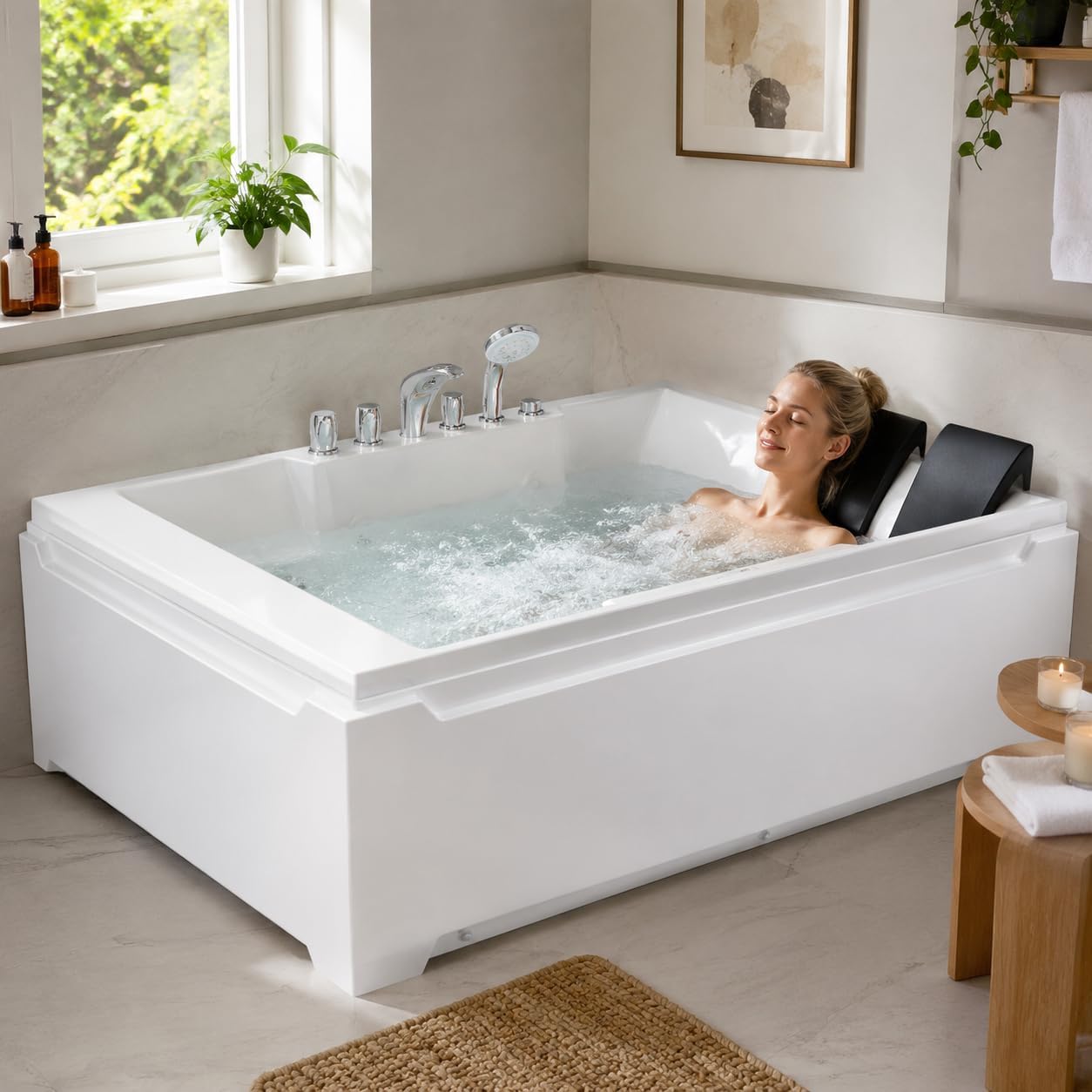 73x48-inch dual massage bathtub, featuring 8 jets, a 750-watt hydrotherapy pump, multi-color underwater LED lighting, 110-gallon capacity, suitable for two people. (white-1)