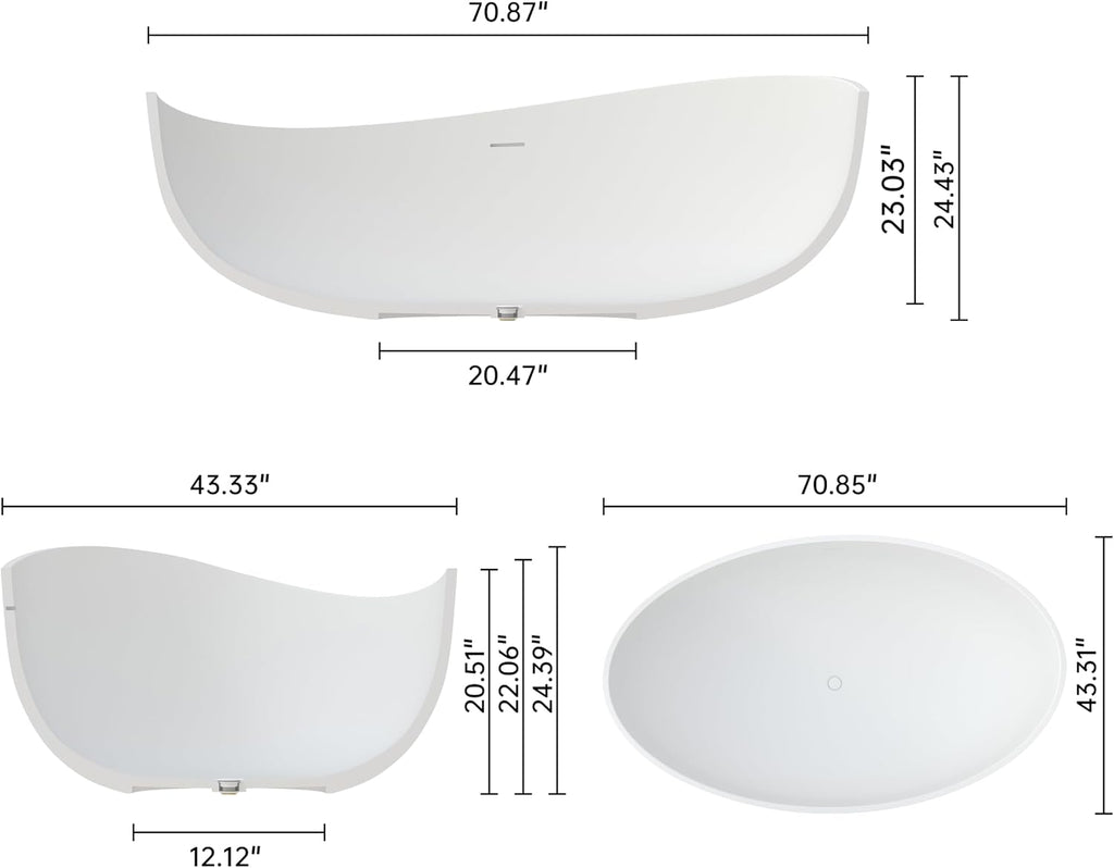 Stone Resin Freestanding Bathtub 71', Elegant Oval Shape Soaking Tub, Solid Surface Stand Alone Bathtub with Drain & Integrated Slotted Overflow Matte White AMMG015-1800