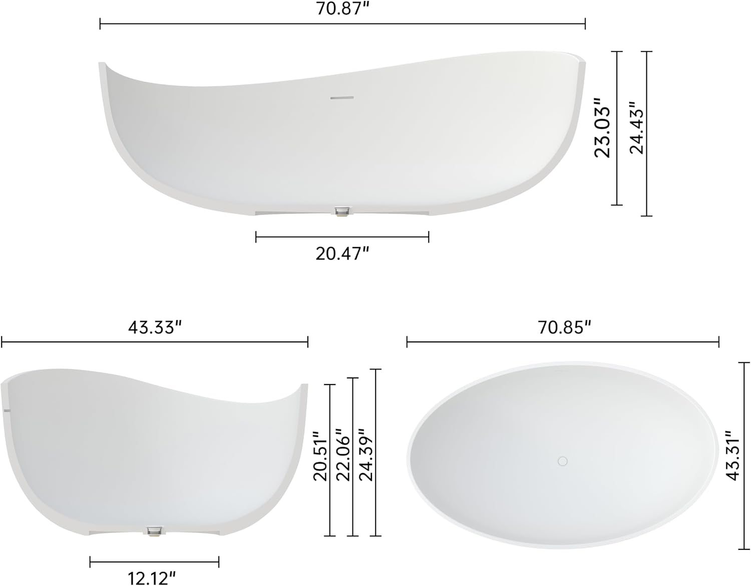 Stone Resin Freestanding Bathtub 71', Elegant Oval Shape Soaking Tub, Solid Surface Stand Alone Bathtub with Drain & Integrated Slotted Overflow Matte White AMMG015-1800