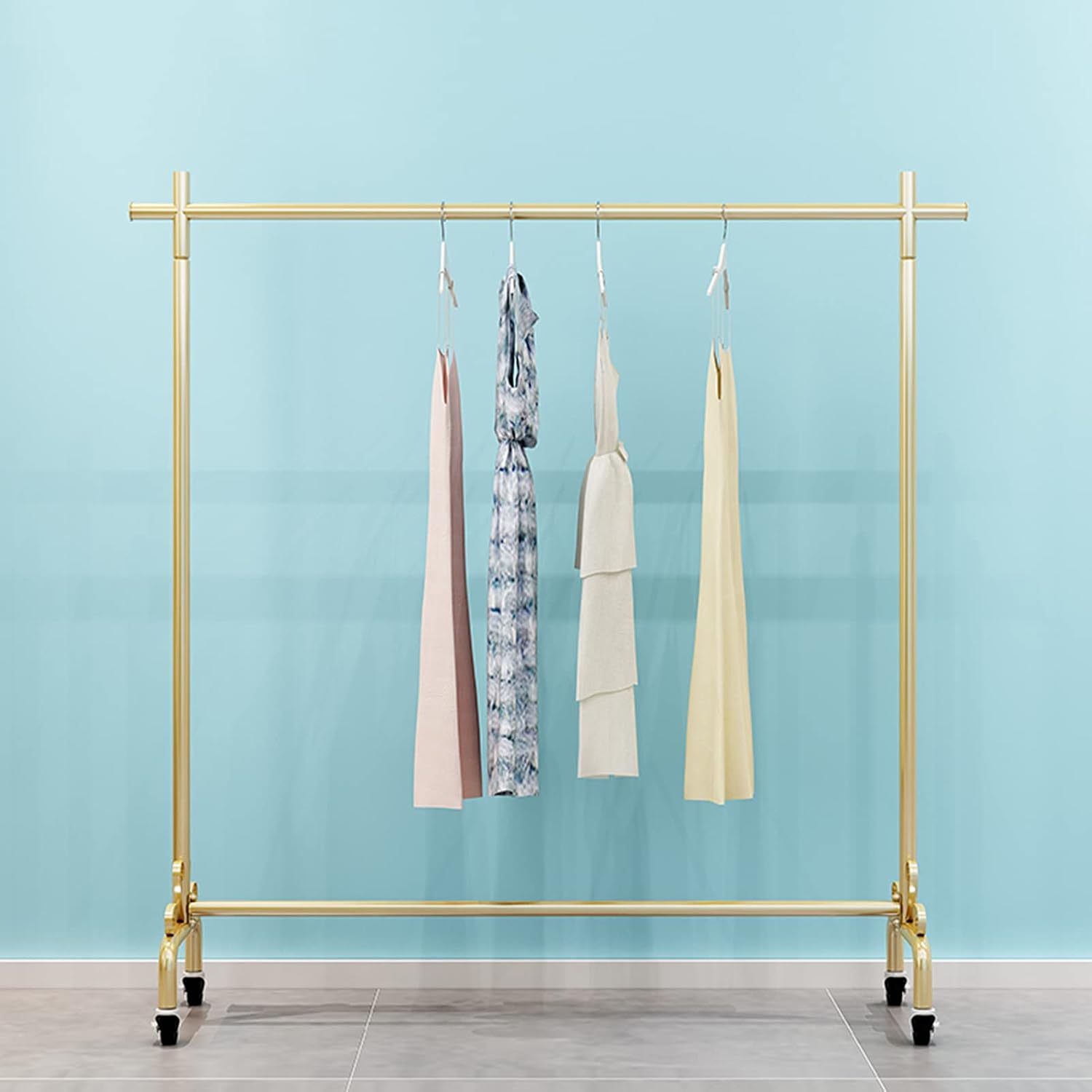 Coat Rack with Wheels Garment Racks Portable Clothing Rail Rolling Hanger Single Rod Clothes Retail Display Stand,Gold-90X40X155Cm