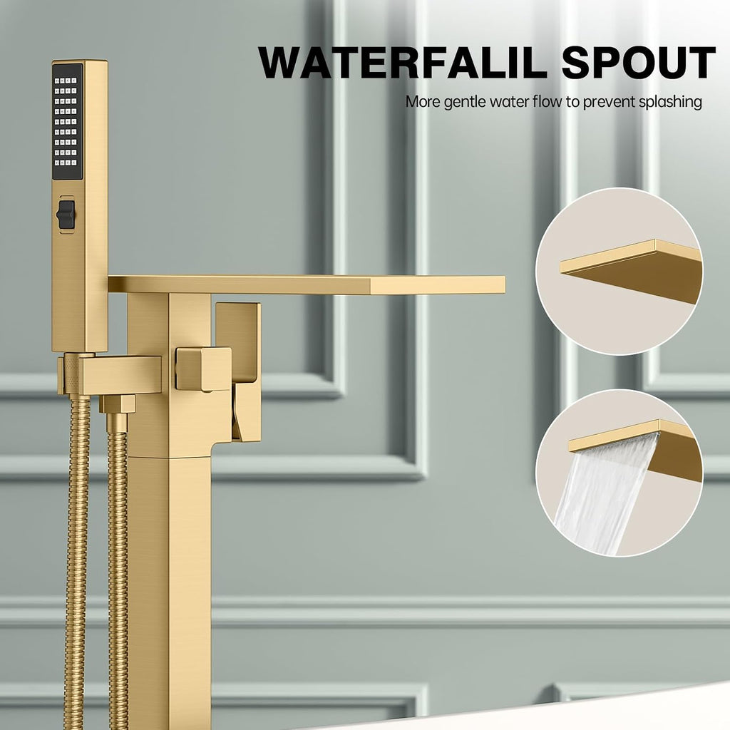 Freestanding Bathtub Faucet with Handheld Sprayer, Brushed Gold Floor Mount Tub Filler, High Flow Waterfall Brass Bath Shower Faucet for Modern Bathroom