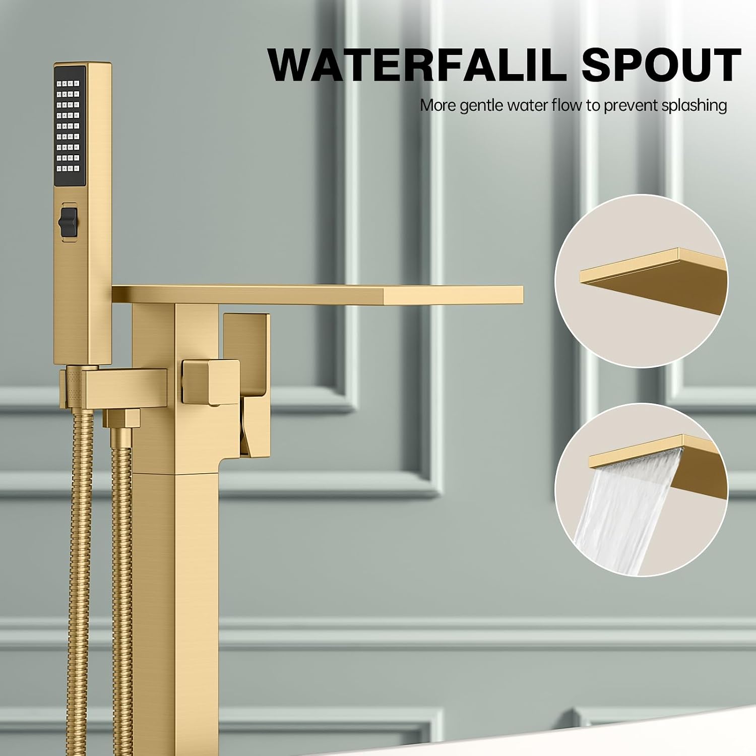 Freestanding Bathtub Faucet with Handheld Sprayer, Brushed Gold Floor Mount Tub Filler, High Flow Waterfall Brass Bath Shower Faucet for Modern Bathroom