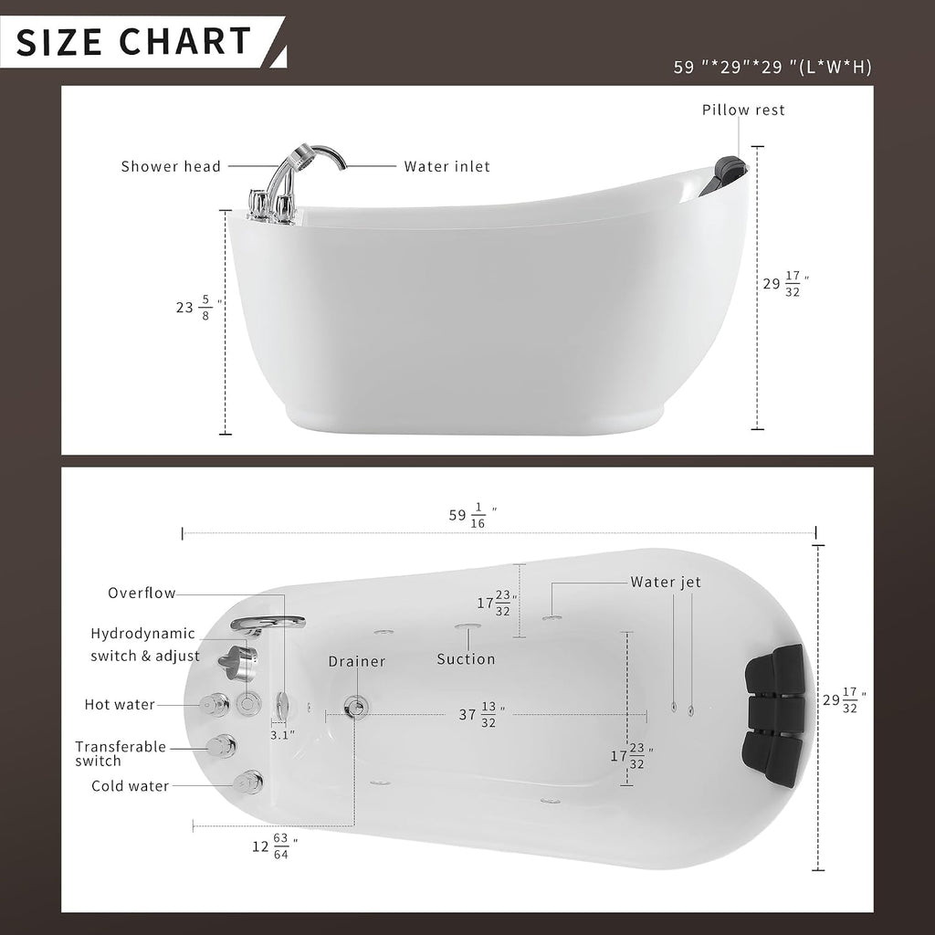 Empava 59' x 29' Freestanding Whirlpool Tub, Acrylic 560W Jetted Bathtub with 7 Hydromassage Nozzles,Lumbar and Neck Support,ETL Certified