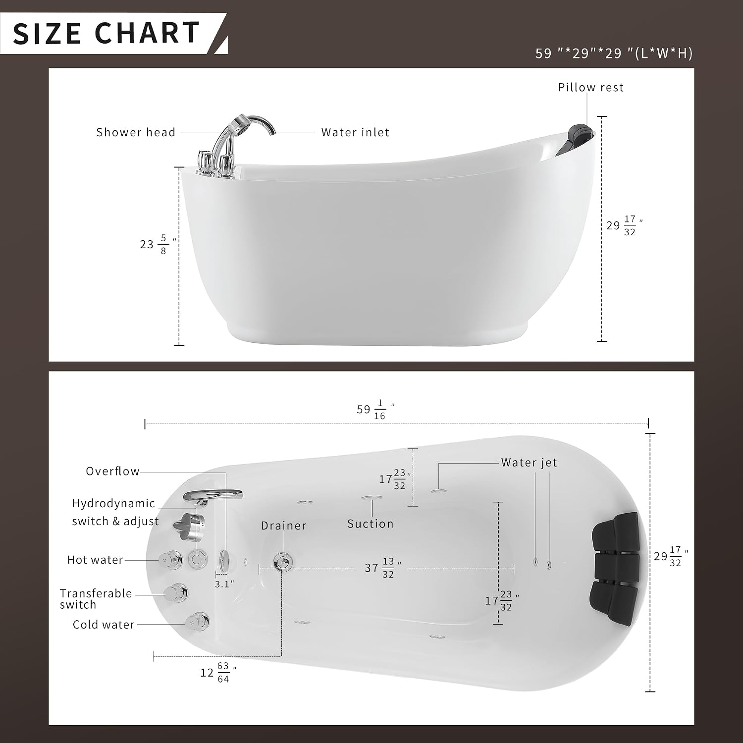 Empava 59 Inch Acrylic Freestanding Whirlpool Tub, Hydromassage Gracefully Oval Shaped Whirlpool 7 Water Jets Soaking SPA, Lumbar and Neck Support, Black Pillow, ETL Certified, White