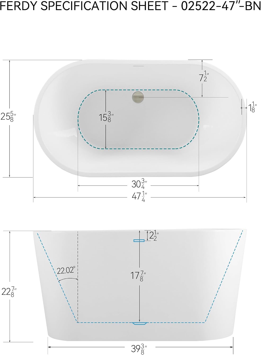 FerdY 47' Acrylic Freestanding Bathtub, Small Classic Oval Shape Acrylic Soaking Bathtub with Brushed Nickel Drain & Minimalist Linear Design Overflow, Modern White, cUPC Certified
