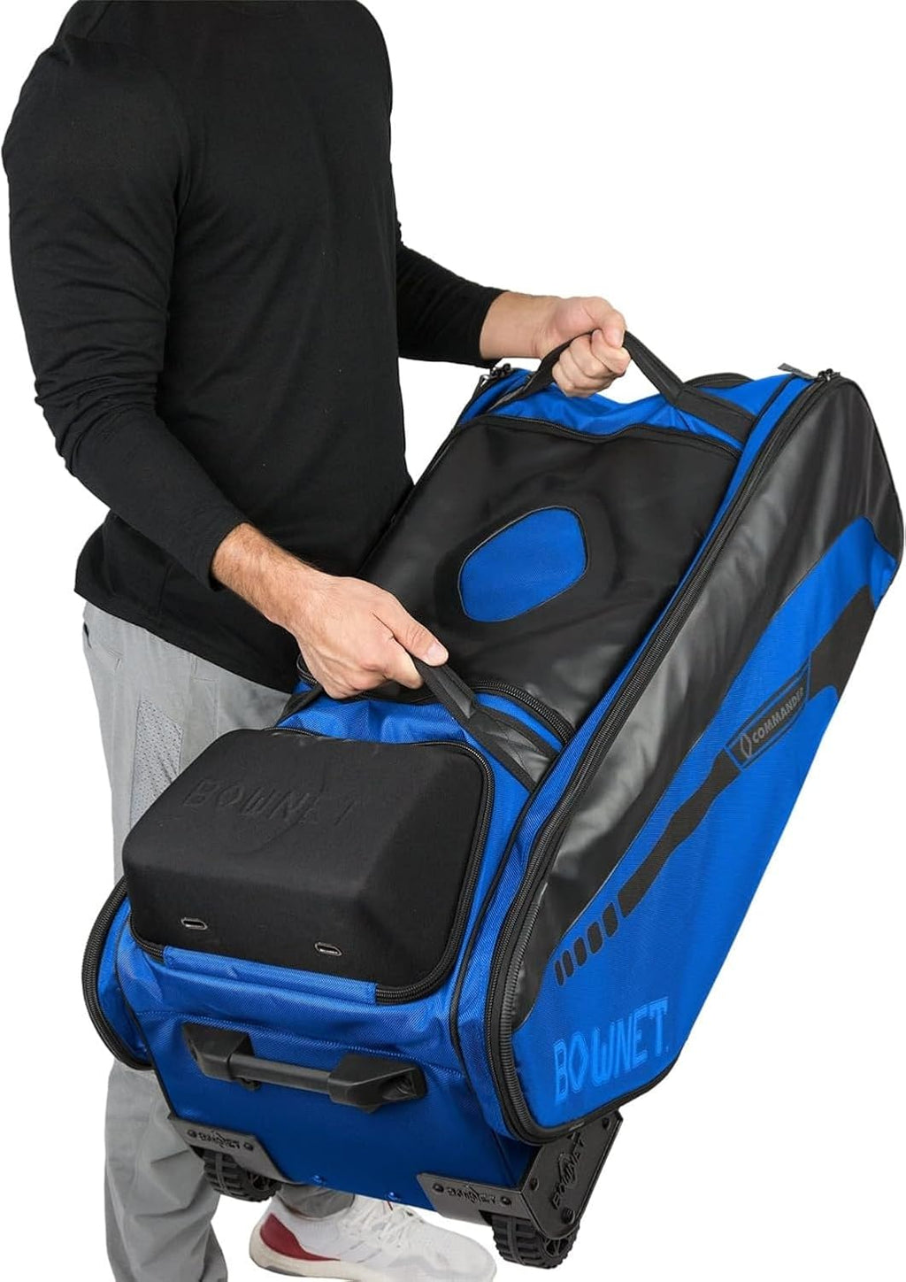 Bownet Commander Rolling Catcher's Gear Bag with Wheels – Baseball & Softball Equipment Bag for Travel Ball, Youth & Adult, 14 Pockets, Molded Helmet Case, Airline Approved