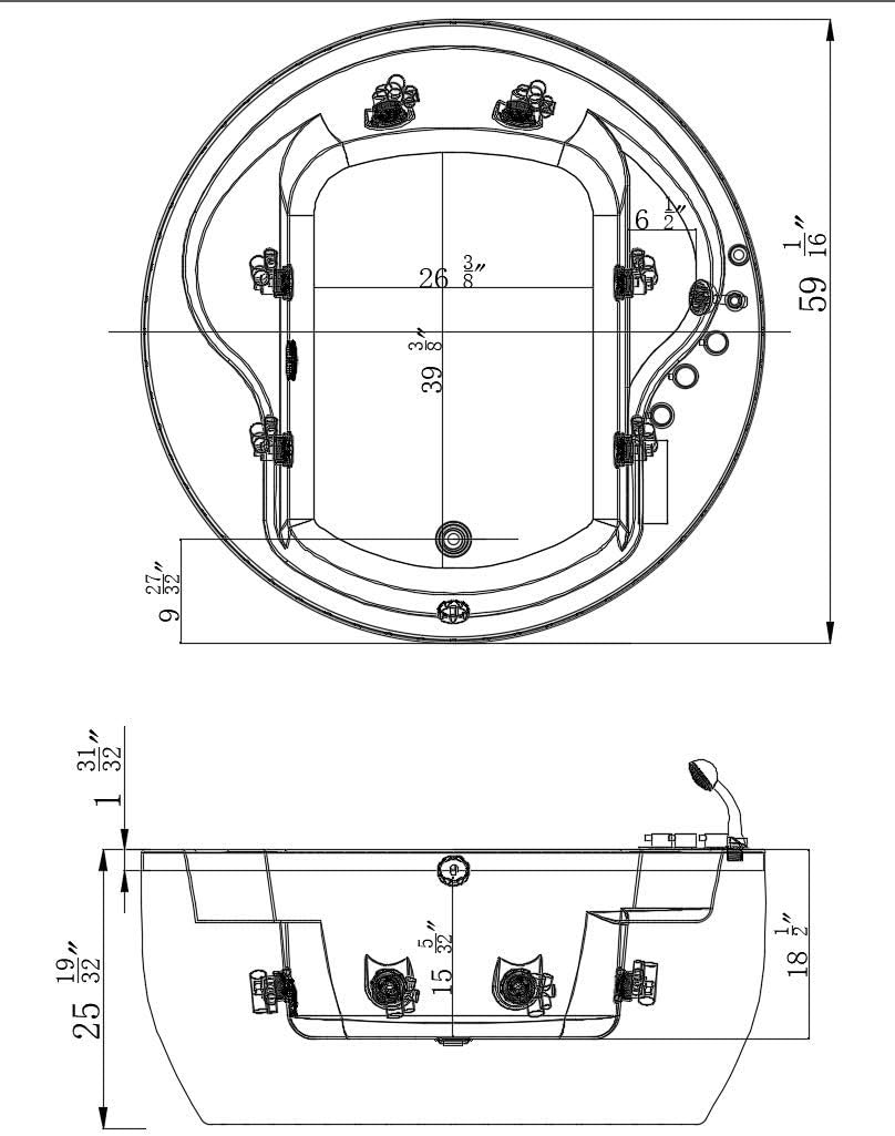 Empava 59' Acrylic Freestanding Whirlpool Bathtub Hydromassage Round Jetted Soaking Tub with Right Side Drain and Waterfall Faucet