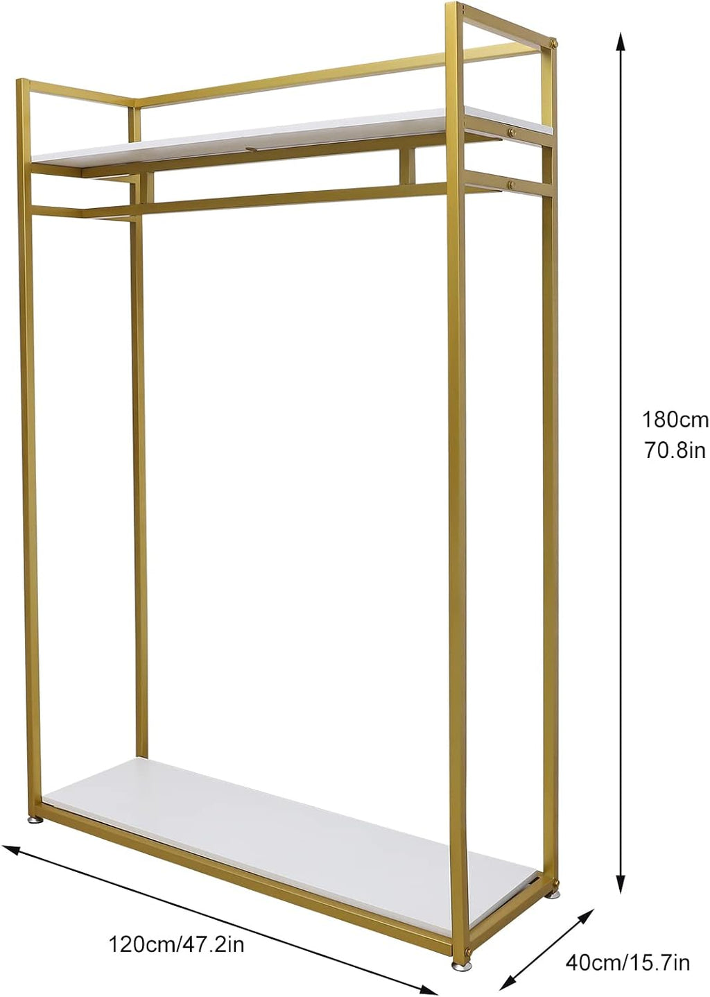 Heavy Duty Clothing Rack with Shelves, Gold Metal Freestanding Garment Rack for Retail Display, Rolling Portable Closet for Hanging Long Dresses Clothes Shoes Bags