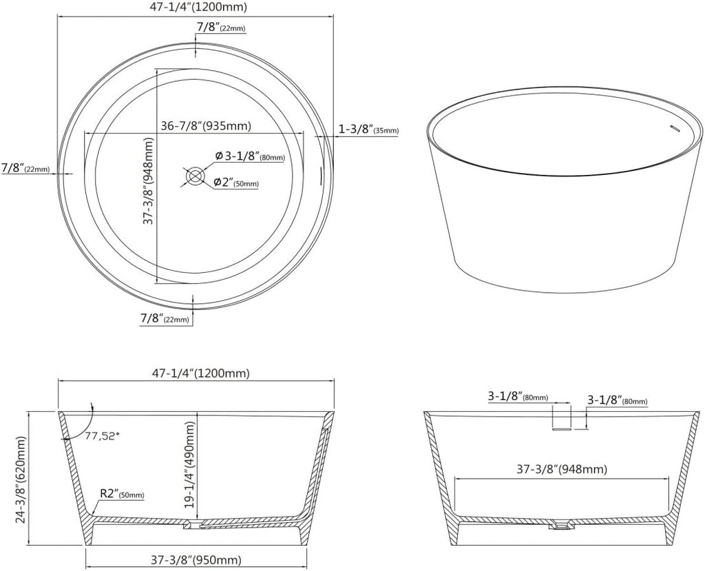 Dowell 078 48' Round Luxury Stone Resin Solid Surface Freestanding Bathtub White Modern-Roud 48'