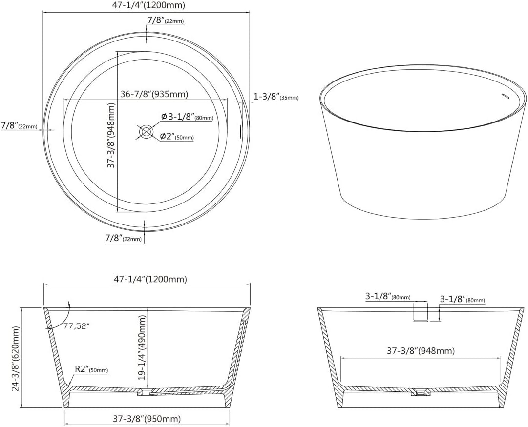 Dowell 078 48' Round Luxury Stone Resin Solid Surface Freestanding Bathtub White Modern-Roud 48'
