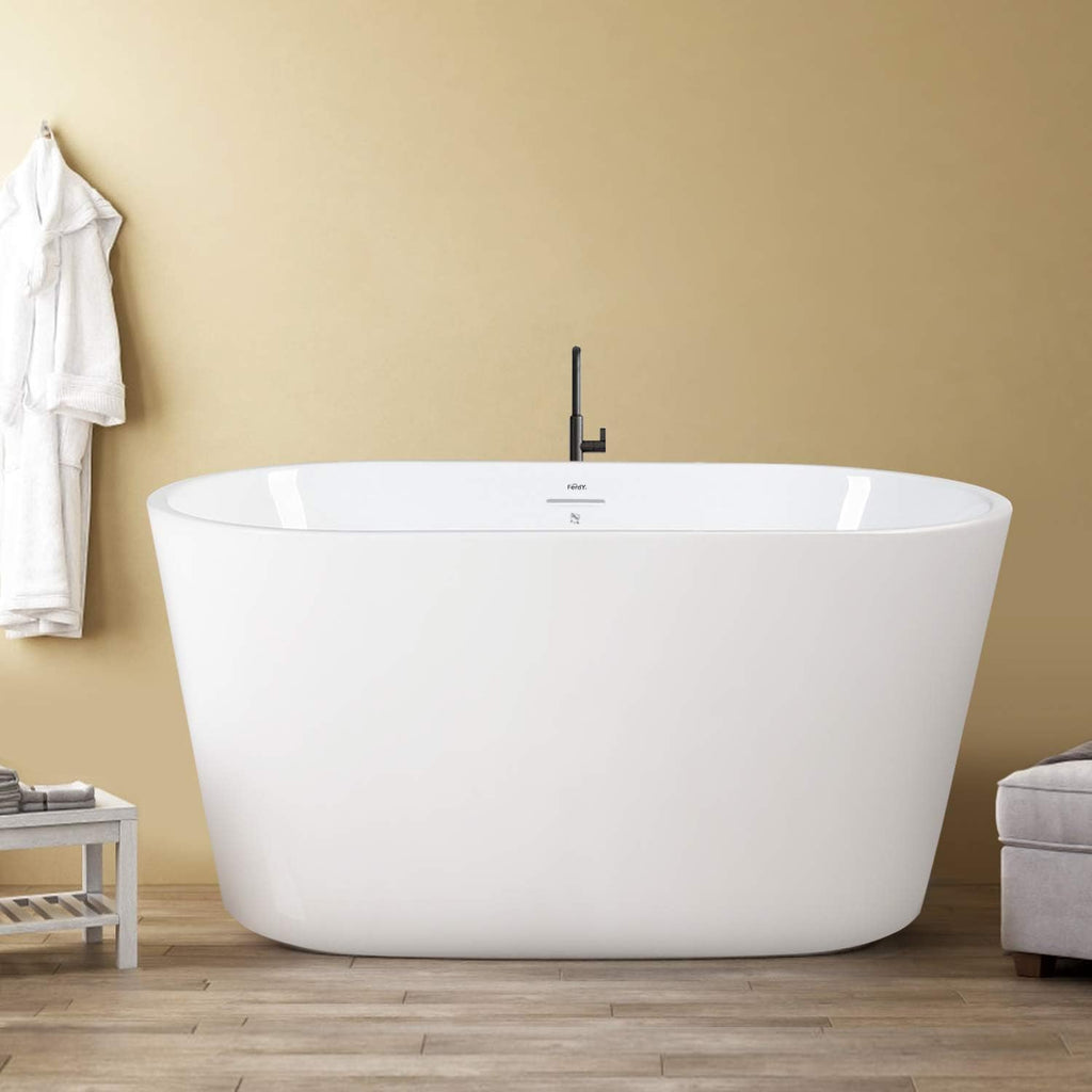 FerdY 47' Acrylic Freestanding Bathtub, Small Classic Oval Shape Acrylic Soaking Bathtub with Brushed Nickel Drain & Minimalist Linear Design Overflow, Modern White, cUPC Certified