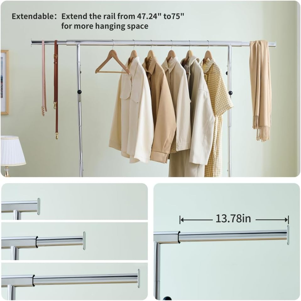 Heavy Duty Clothes Rack Load 600 LBS, Metal Garment Rack, Standing Rolling Clothes racks for Hanging Clothes with Sturdy Wheels & Shelves, Portable Closet Wardrobe Rack,Sliver (Silver)
