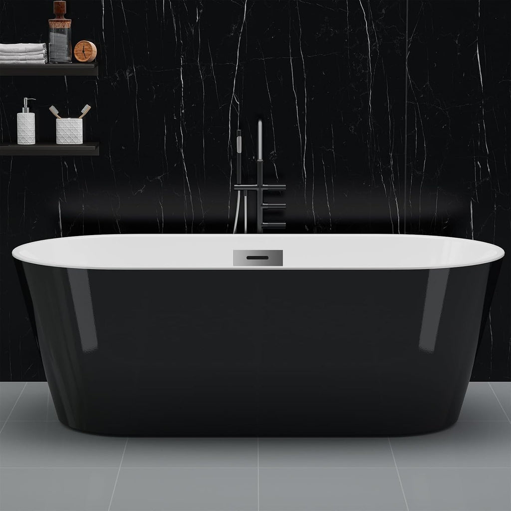 Freestanding Bathtub 67 inch Black and White Acrylic Soaking Tub with Chrome Drain and Overflow, Deep Home Spa Bath for Bathroom Remodel and Comfortable Soaking