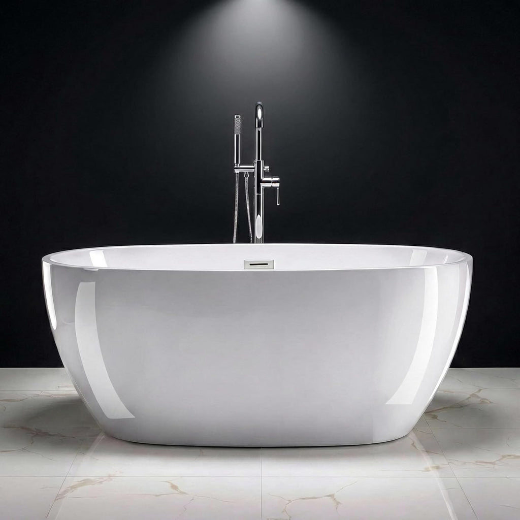 59' Acrylic Freestanding Bathtub, Double-Walled Insulated Soaking Tub with 17.3' Ergonomic Deep Design, Glossy White, Integrated Chrome Drain & Overflow, cUPC Certified Stand Alone Tub, Curved White