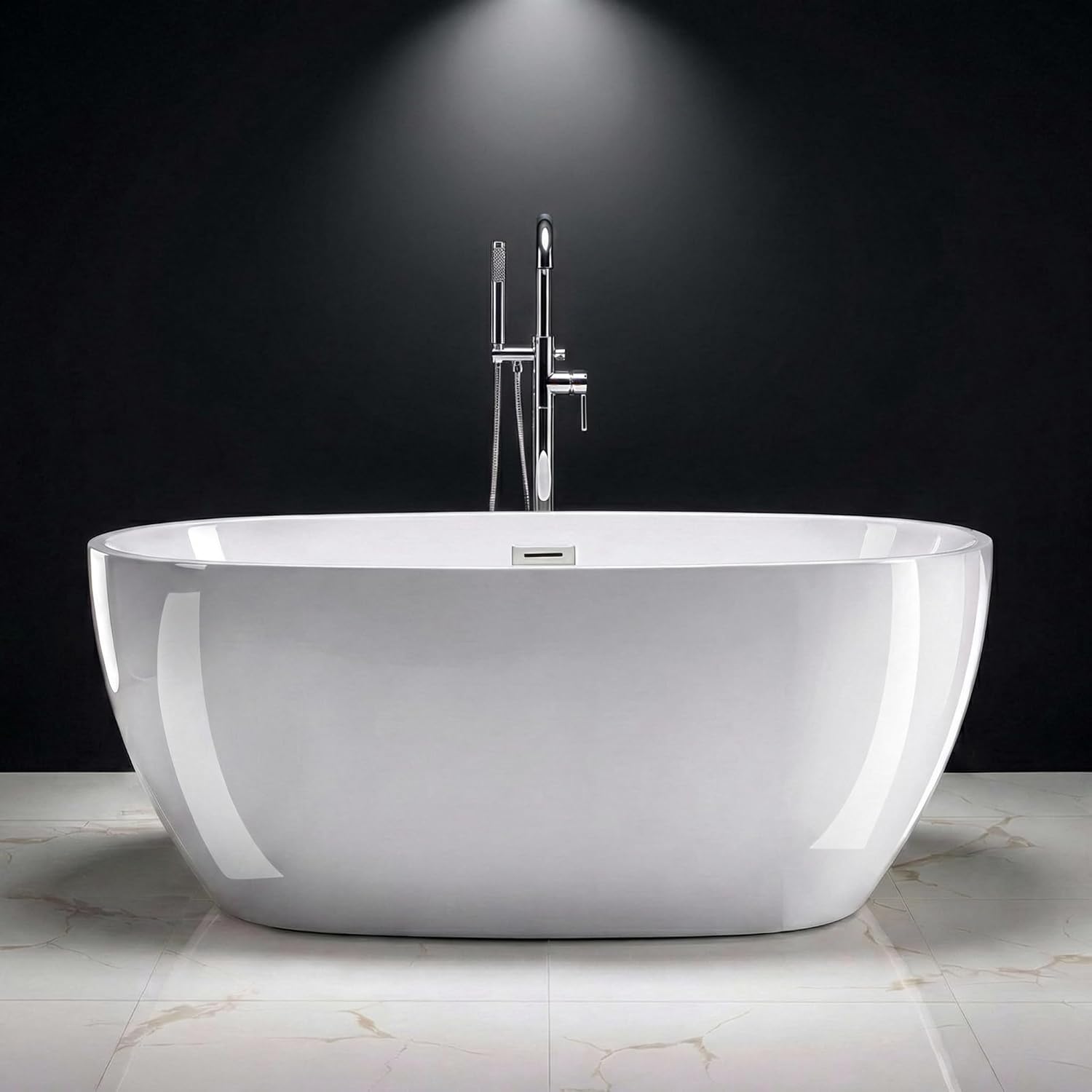 59' Acrylic Freestanding Bathtub, Double-Walled Insulated Soaking Tub with 17.3' Ergonomic Deep Design, Glossy White, Integrated Chrome Drain & Overflow, cUPC Certified Stand Alone Tub, Curved White