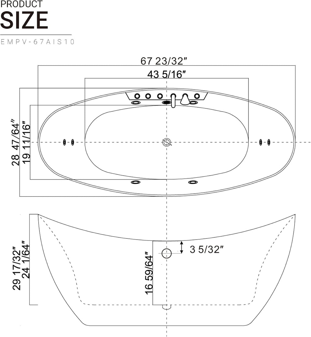 Empava 67' Freestanding Whirlpool Bathtub Oval with 8 Hydromassage Adjustable Water Jets Luxury Acrylic Massage SPA Soaking Bath Tub in White Double Ended