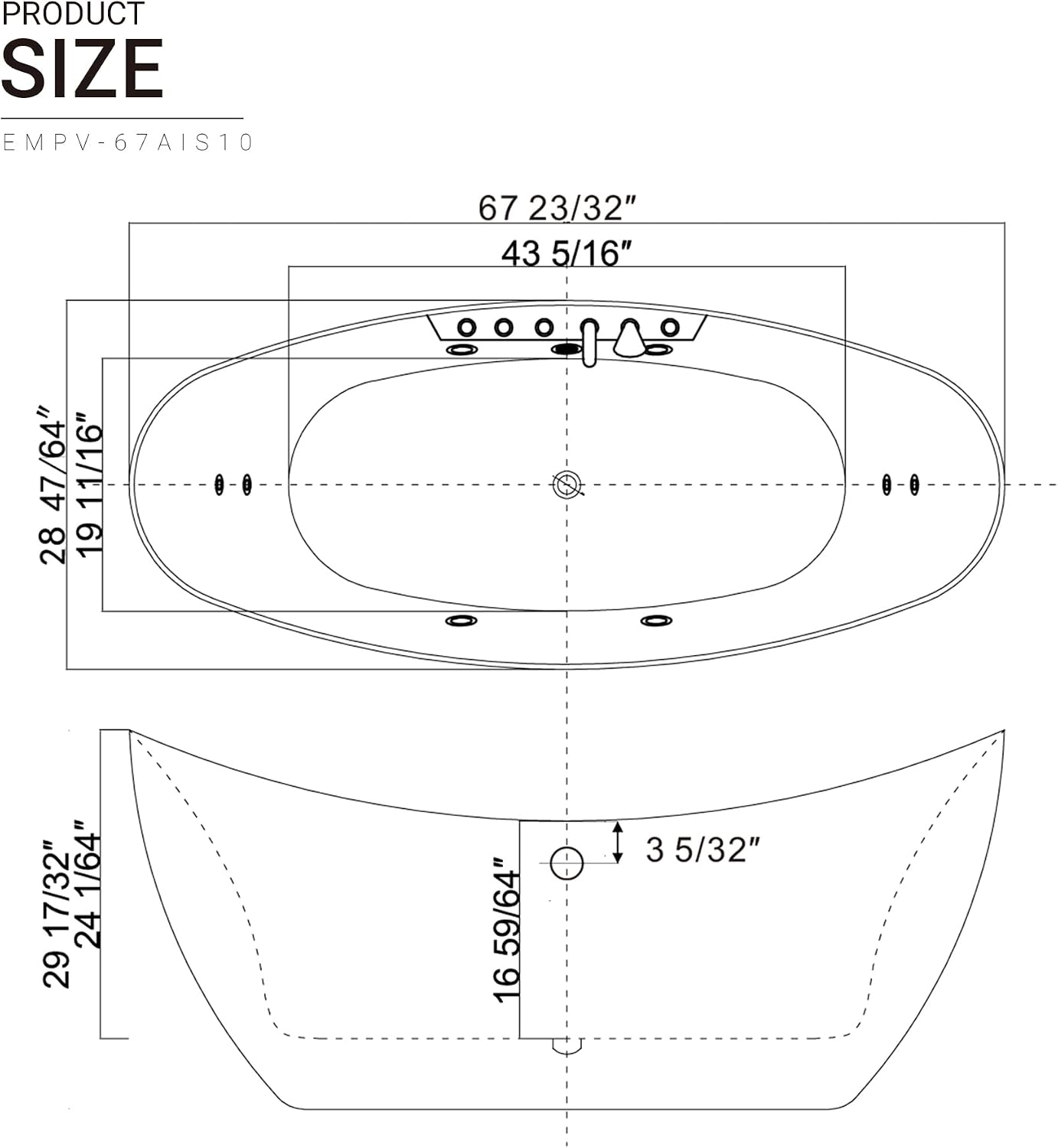 Empava 67' Freestanding Whirlpool Bathtub Oval with 8 Hydromassage Adjustable Water Jets Luxury Acrylic Massage SPA Soaking Bath Tub in White Double Ended