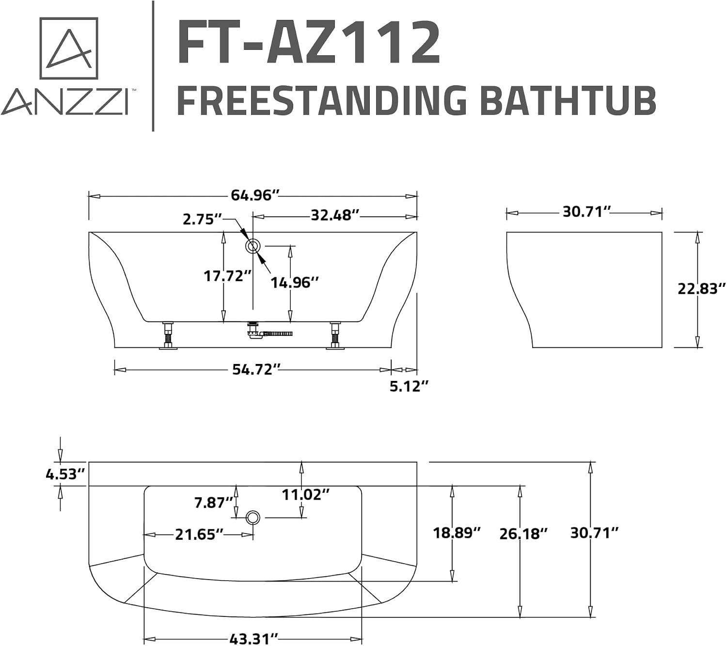 Bank Series 65 in. x 31 in. Flat Bottom Acrylic Freestanding Soaking Bathtub with Center Drain, Brushed Nickel Faucet
