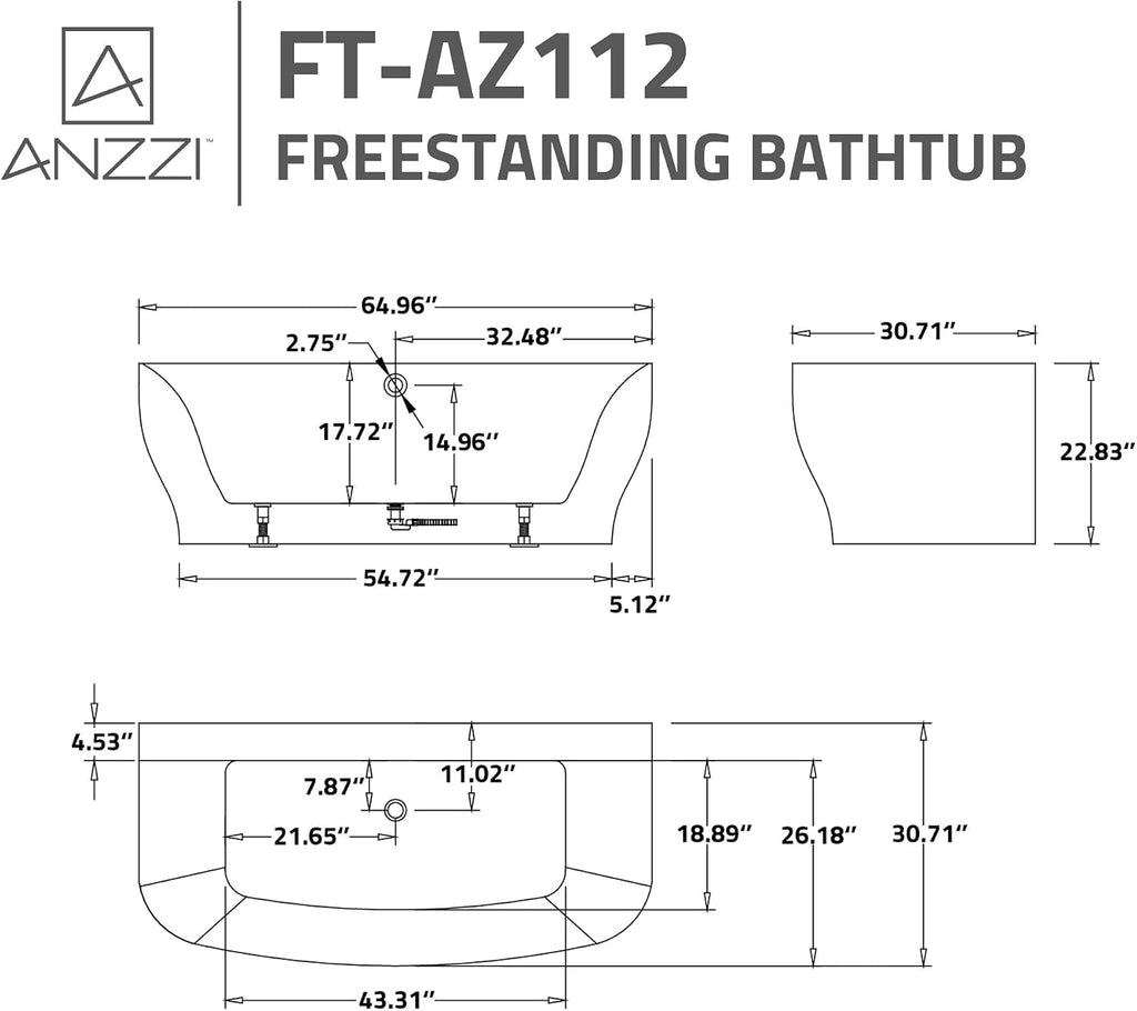 Bank Series 65 in. x 31 in. Flat Bottom Acrylic Freestanding Soaking Bathtub with Center Drain, Polished Chrome Faucet