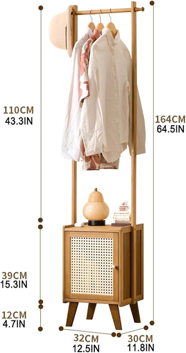 Bamboo Clothes Rack with Storage Basket - Freestanding Solid Wood Garment Rack for Bedroom, Living Room, and Hallway Organization(Yellow)