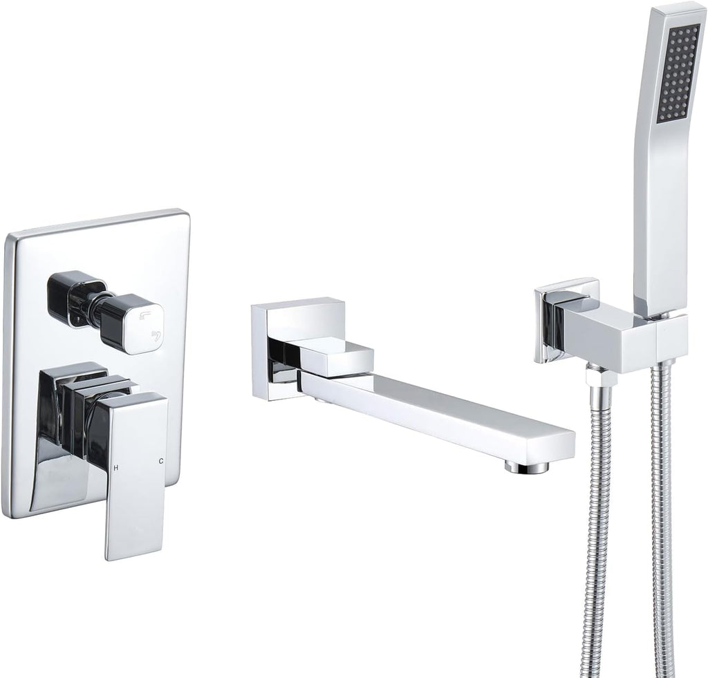 DASAN Swiveling Wall Mount Tub Filler Faucet Set with Hand Held Shower, Chrome Modern Creative Bathtub Faucet Wall Mounted Bath Tub Faucet with High Flow Rough in Valve, SA-TF05WH-PC