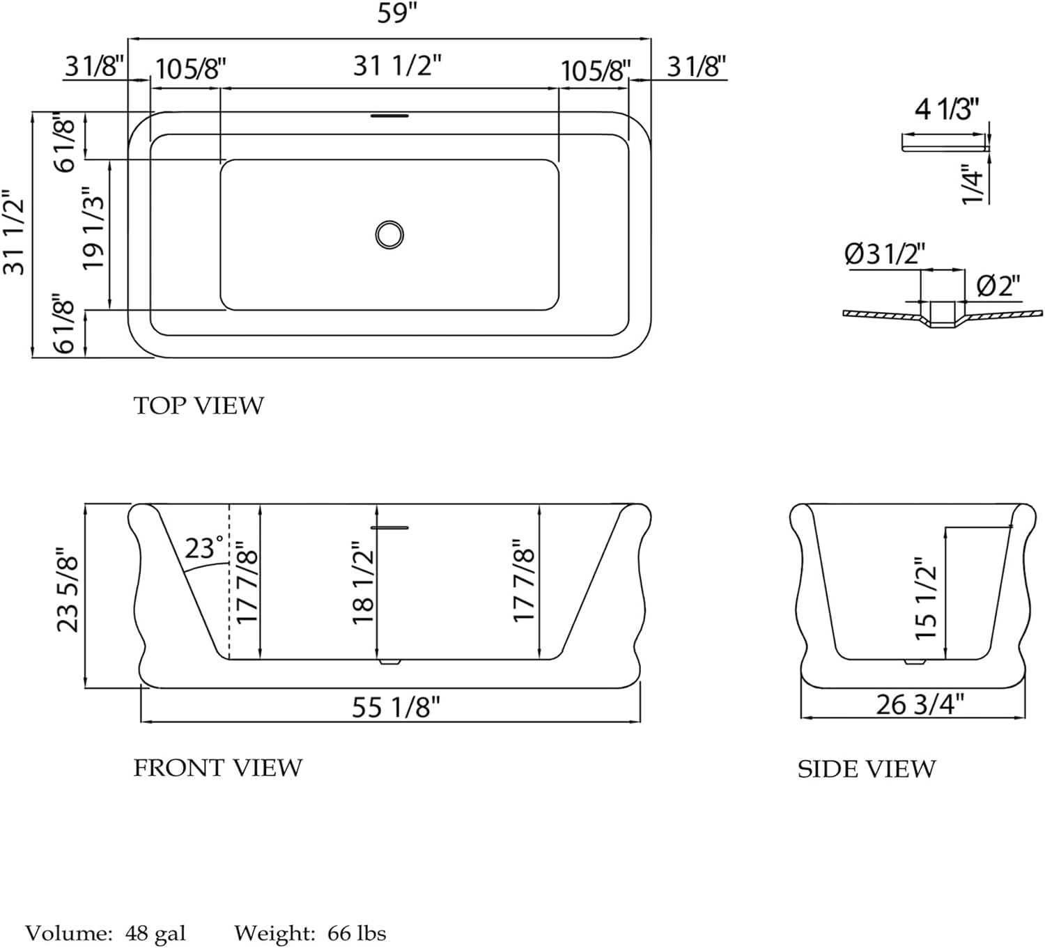 Crest 59 in. L x 31-1/2 in. W x 23-5/8 in. H Freestanding Acrylic Bathtub, Matte Black Drain