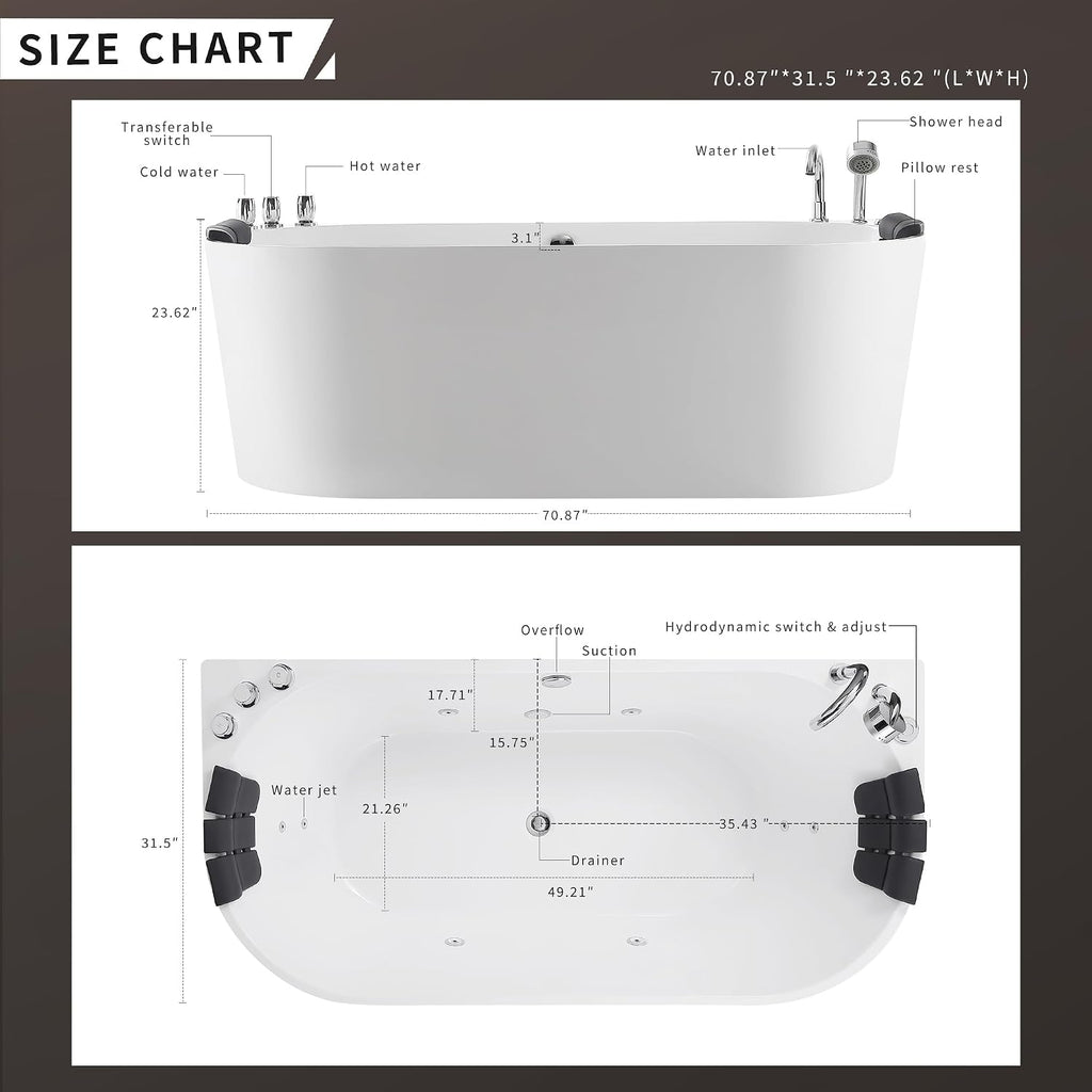 Empava 71' Freestanding Whirlpool Bathtub, Acrylic 8 Jets Hydro Massage Tub, 71' x 31', ETL Certified, Includes Handheld Shower and Waterproof Pillow