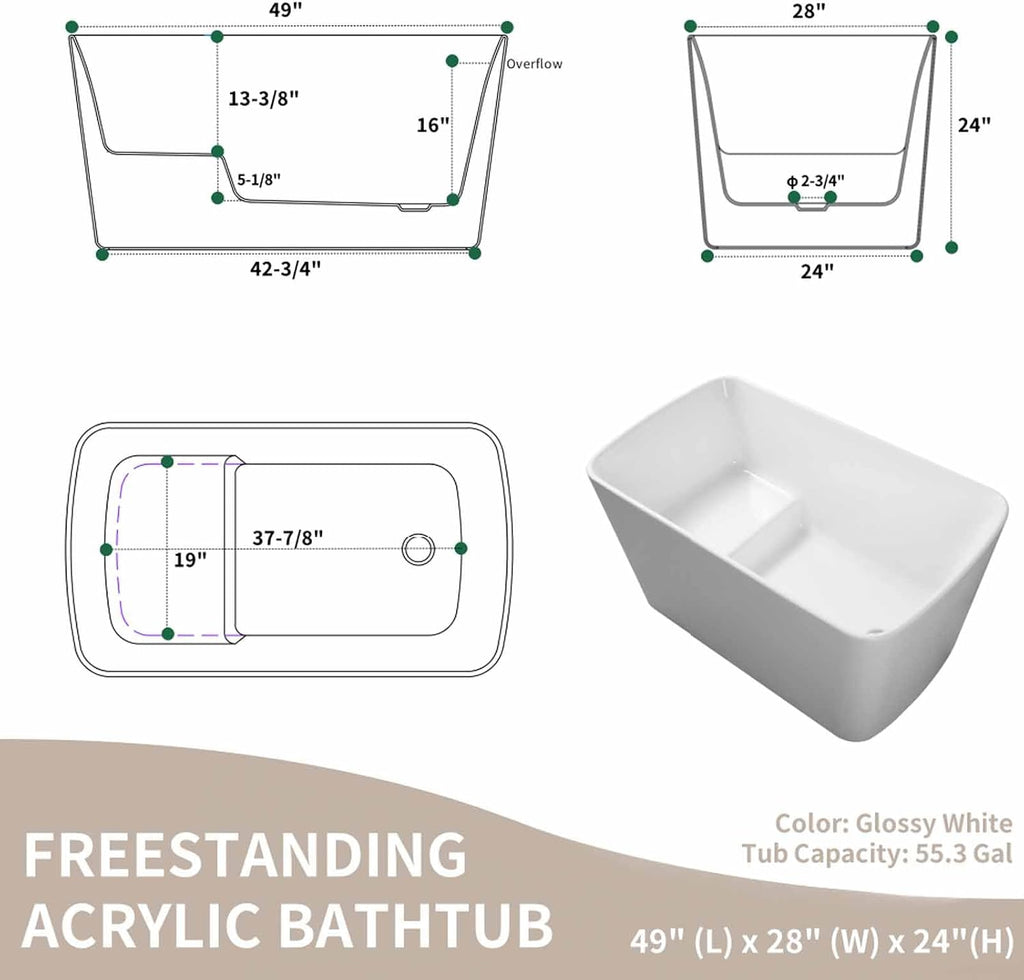 49' Rectangular Freestanding Soaking Bathtub with Chrome Overflow and Drain, Acrylic Stand Alone Tub with Seat, Japanese Soaking Tub for Bathroom, R-Corner Design, Ergonomic (White+Seat, 49')