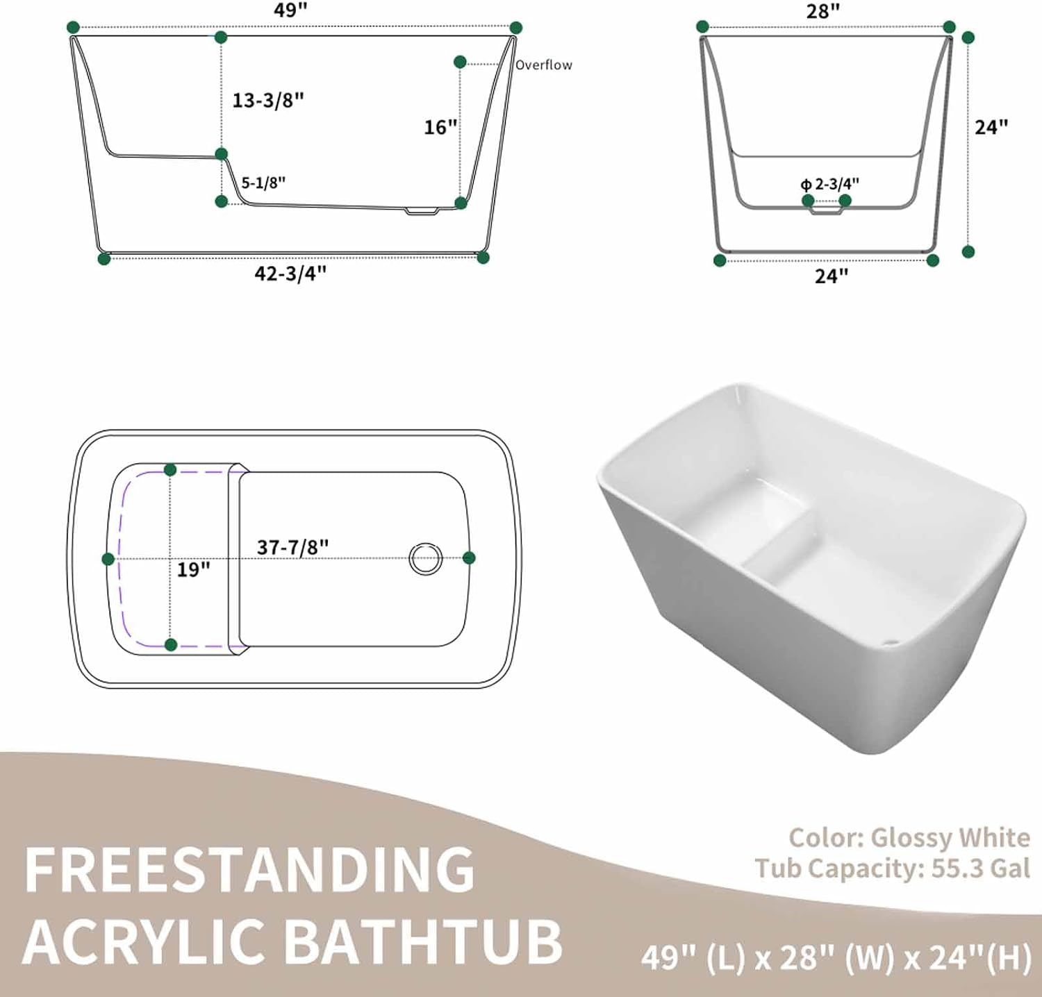 49' Rectangular Freestanding Soaking Bathtub with Chrome Overflow and Drain, Acrylic Stand Alone Tub with Seat, Japanese Soaking Tub for Bathroom, R-Corner Design, Ergonomic (White+Seat, 49')