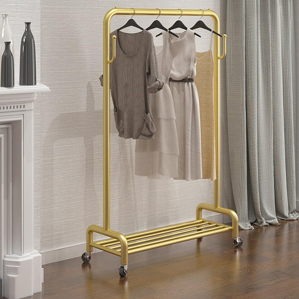 Rolling Clothes Rail with Hooks and Storage Shelf, Freestanding Clothing Garment Rack with Wheels, Clothes Organizer for Bedroom, Laundry Room (Color : Gold, Size : 80x40x130cm)