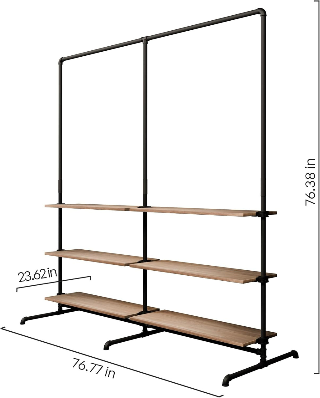 pamo Industrial Pipe Clothing Rack with Oak Shelf – 76' W x 76' H – Freestanding Metal Garment Rack for Bedroom, Walk-In Closet & Retail