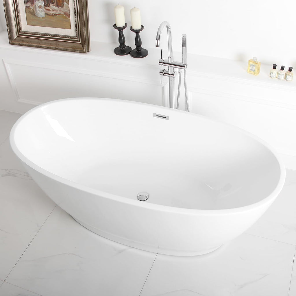 FerdY 65' Acrylic Freestanding Bathtub, Oval Contemporary Soaking Bathtub, Glossy White, cUPC Certified, Toe-Tap Chrome Drain & Overflow Assembly Included