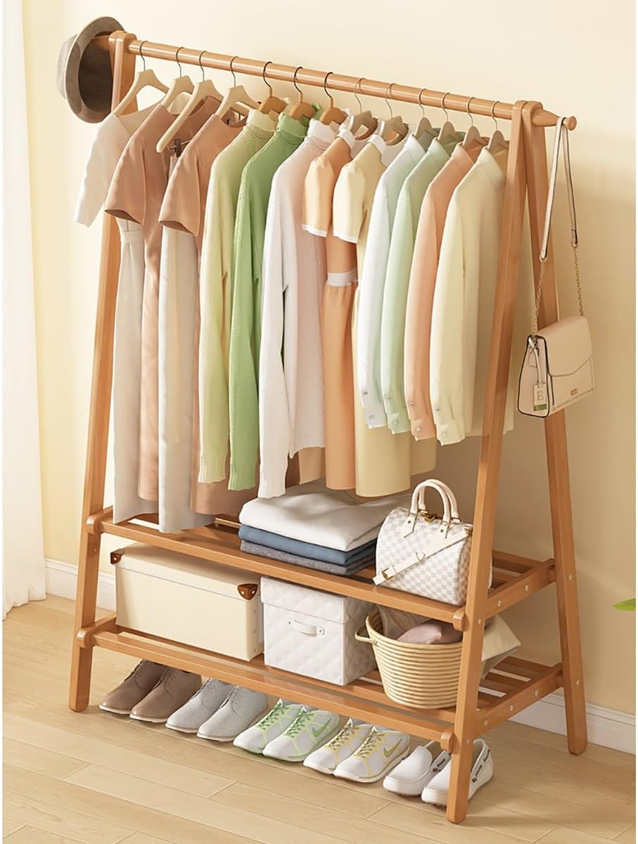 Coat Rack Stand With Shoe Storage Shelf Standing Height Adjustable Garment Rack For Hats Coats And Clothes Solid Wood Bamboo Metal Tree Design Easy Assembly And Collapsible Option,Brown 66*41*154Cm