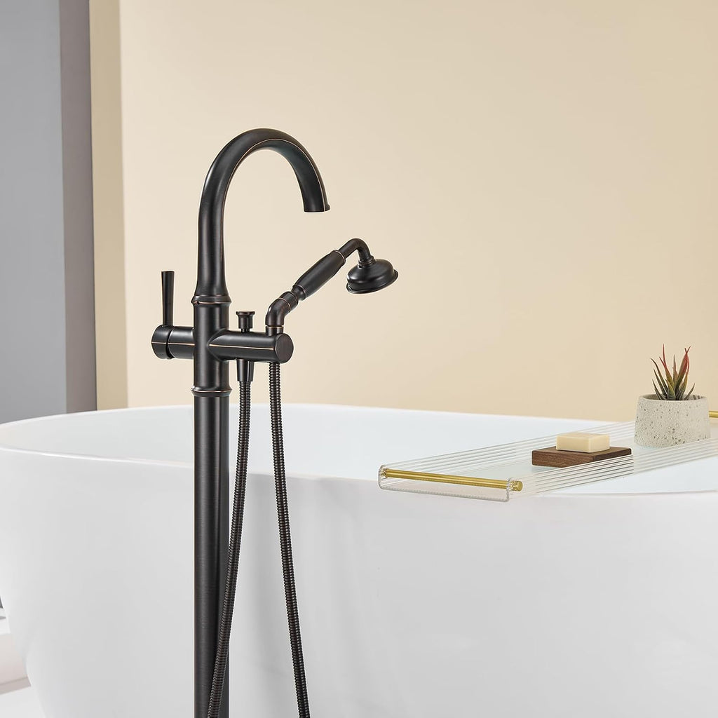 Wowkk Free Standing Tub Faucet Oil Rubbed Bronze Tub Filler Freestanding Bathtub Faucets Brass Tub Faucet with Hand Shower