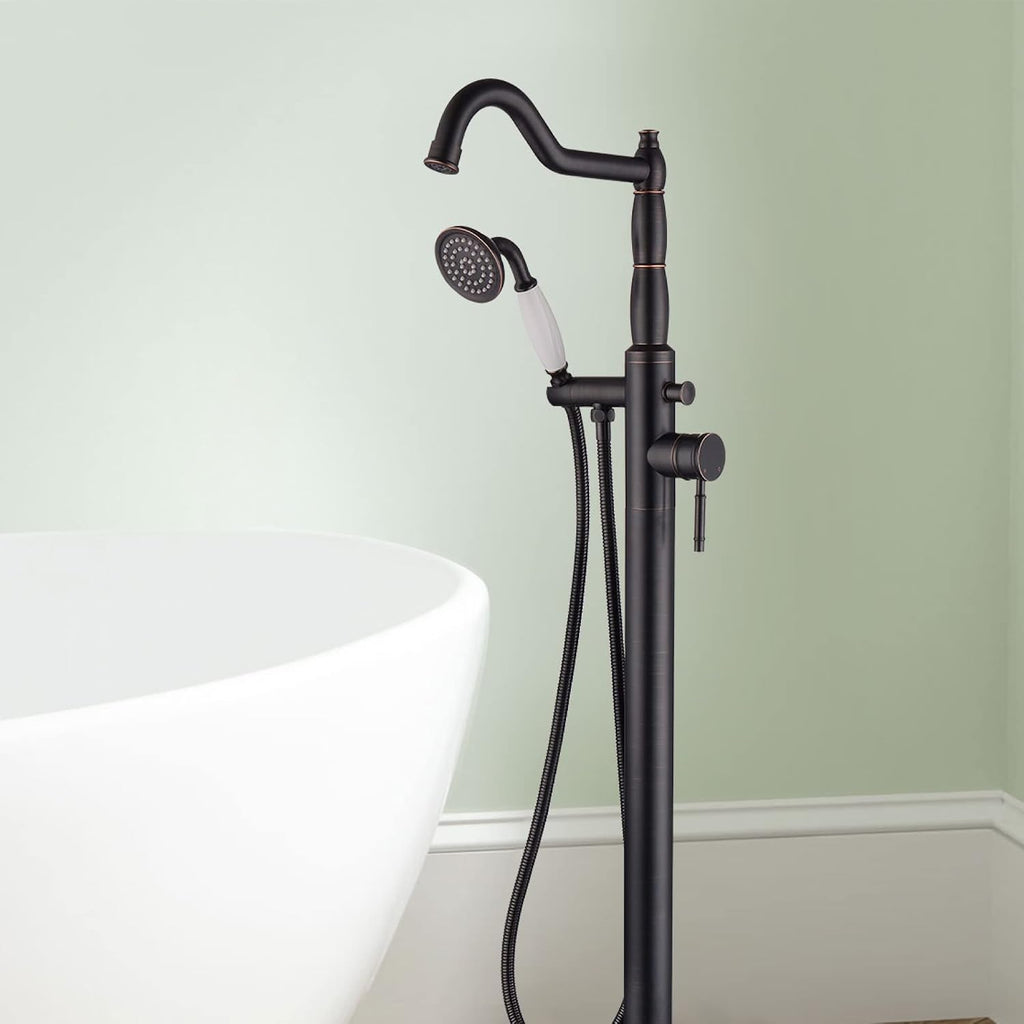 Free Standing Tub Faucet Oil-Rubbed Bronze, Freestanding Bathtub Faucet Tub Filler Classic Brass Stand Alone Clawfoot Tub faucet Soaking Tub Fillers Floor Mount with Rotate Handheld Shower