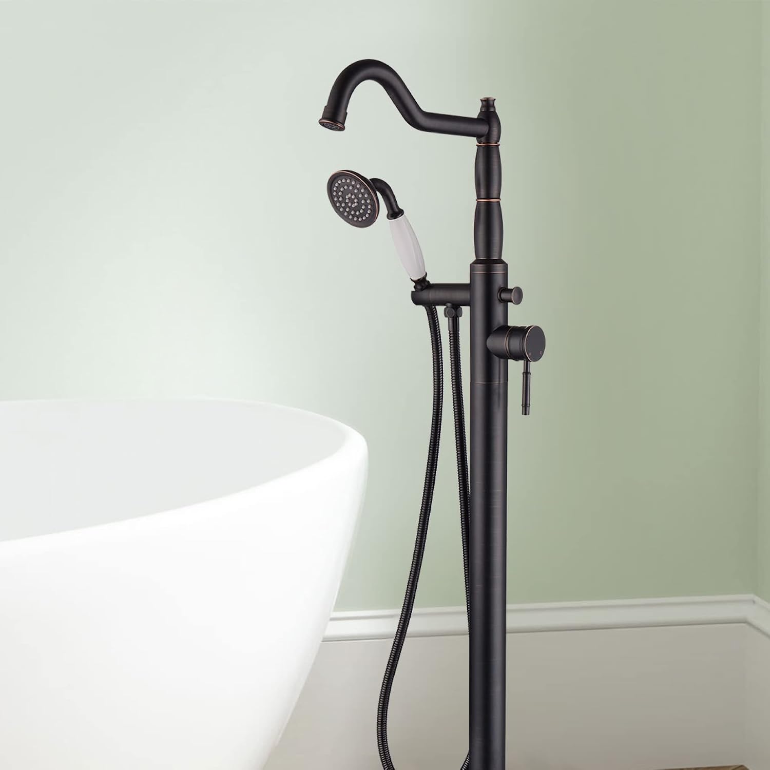 Free Standing Tub Faucet Oil-Rubbed Bronze, Freestanding Bathtub Faucet Tub Filler Classic Brass Stand Alone Clawfoot Tub faucet Soaking Tub Fillers Floor Mount with Rotate Handheld Shower