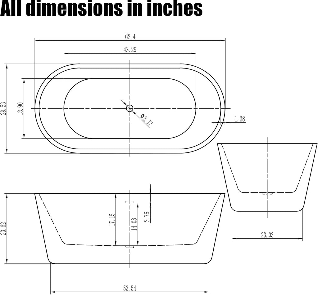 HEATGENE 62 Inches Acrylic Freestanding Bathtub Contemporary Soaking Tub Oval Modern Bathtub Easy to Install UPC Certified Drain & Overflow Assembly Included