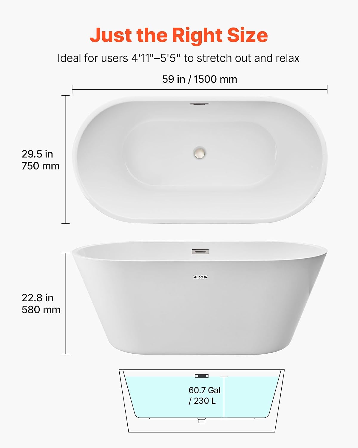 VEVOR Acrylic Freestanding Bathtub, 59 Inch Contemporary Soaking White Tub with Brushed Nickel Overflow and Drain, Elegant Oval Shape Stand Alone Soaker Tub for Modern Bathroom or Remodel Projects