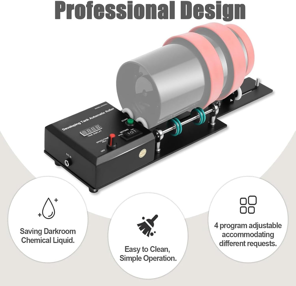 Automatic Darkroom Film Processor Machine, Roller Darkroom Film Processor Machine, 1-30min Timer, Maximum Speed 281RPM, 4 Preset Programs, Compatible with Various Developing Tanks