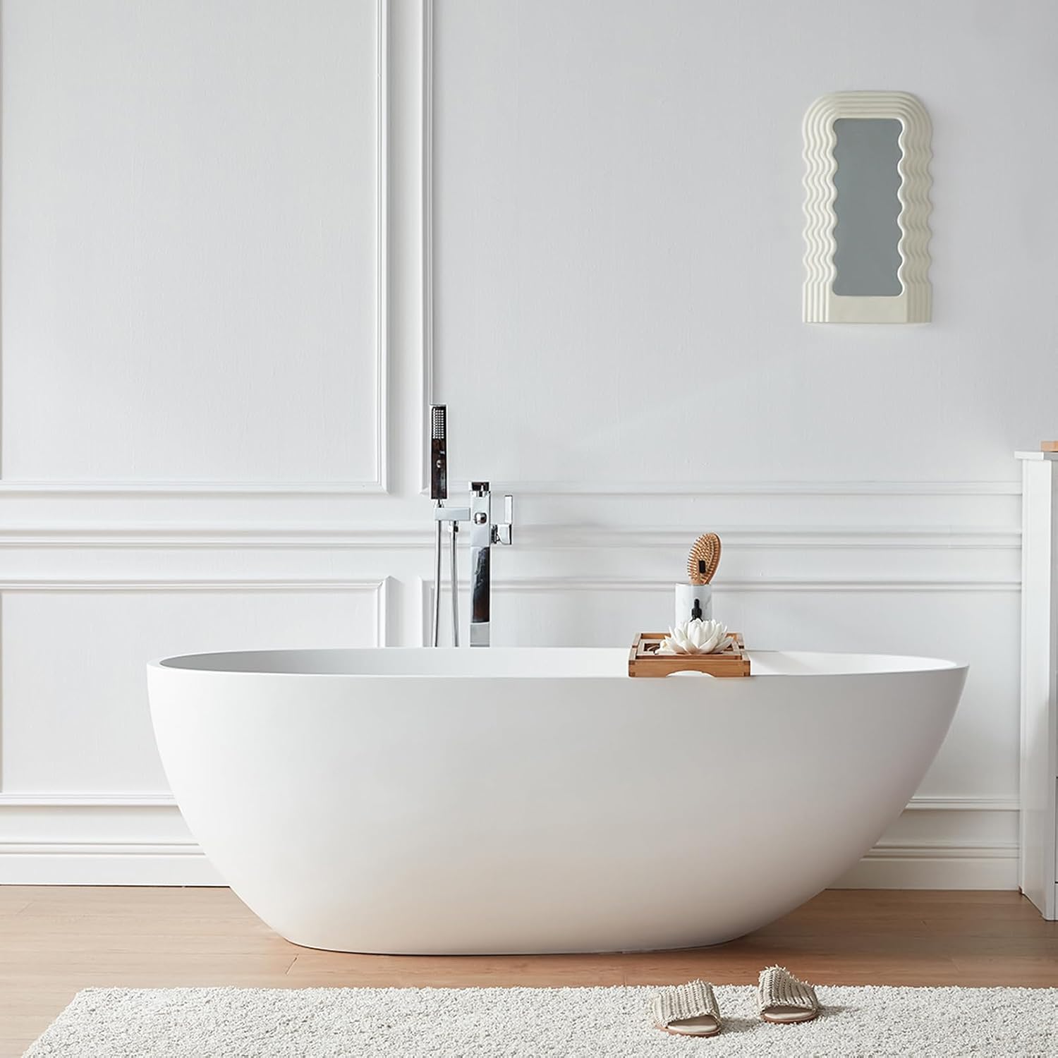 Cpingao Solid Surface Freestanding Bathtub 63 inch, Egg Shell Shaped Stone Resin Freestanding Tubs, Contemporary Oval Soaking Tub with Overflow and Pop-up Drain, Matte White 8802-1600
