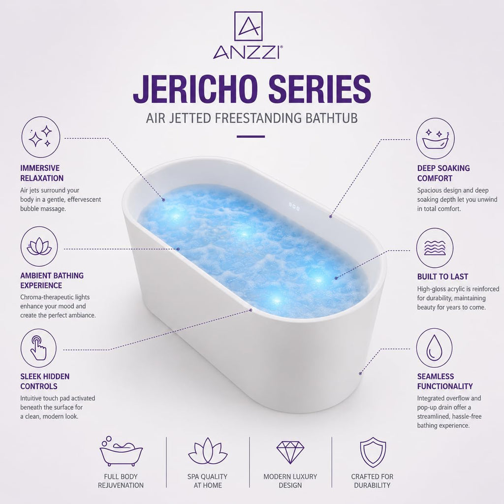 ANZZI Whirlpool Freestanding Bathtub 67 Inch Jericho Series Air Jetted Acrylic Glossy White, 200+ Bubble Jets, 4 Chroma-Therapeutic Lights, Center Drain, 80 gal, Overflow, Pop-Up Drain | FT-AZ067