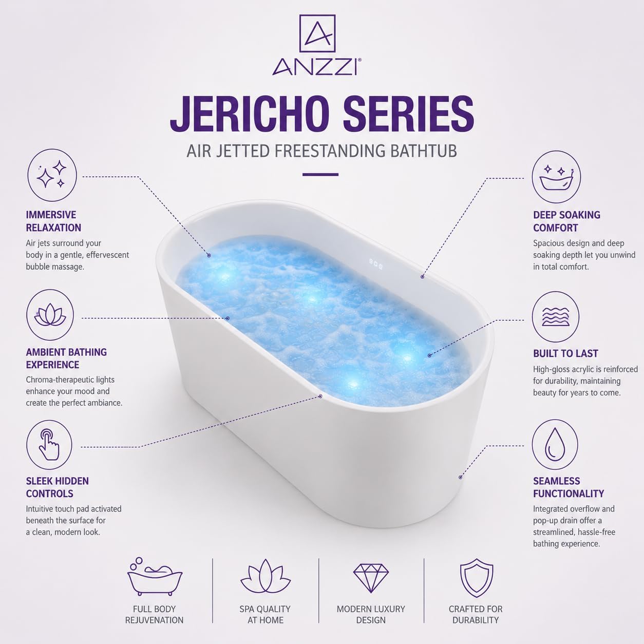 ANZZI Whirlpool Freestanding Bathtub 67 Inch Jericho Series Air Jetted Acrylic Glossy White, 200+ Bubble Jets, 4 Chroma-Therapeutic Lights, Center Drain, 80 gal, Overflow, Pop-Up Drain | FT-AZ067