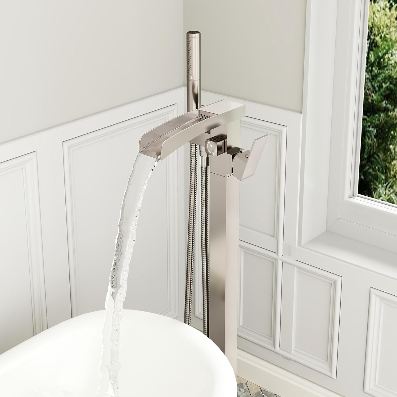 BESy Tub Filler Freestanding Bathtub Faucet Waterfall Floor Mount Brass Single Handle Bathroom Tub Faucets High Flow Bath Shower Faucets with 2 Function Handheld Sprayer Brushed Nickel