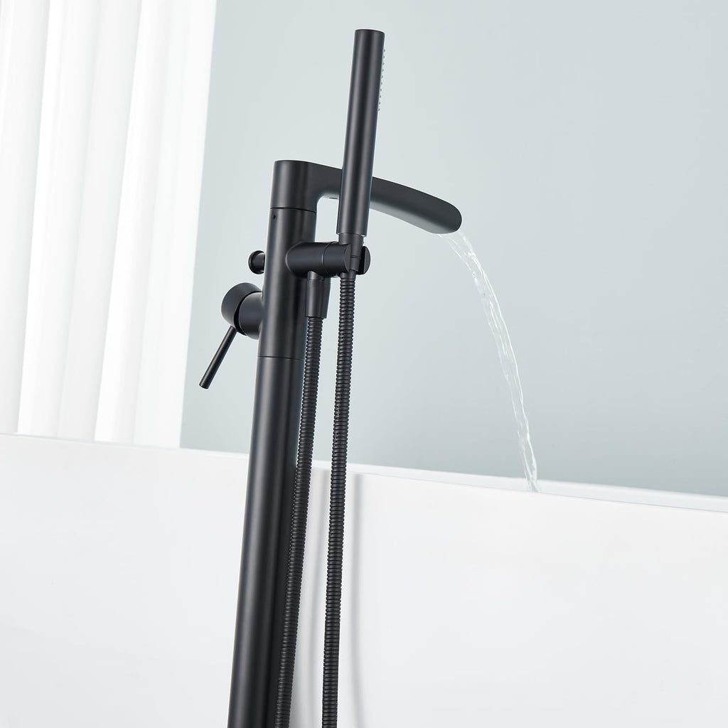 Wowkk Waterfall Freestanding Bathtub Faucet Black Floor Mount Tub Filler Brass Single Handle Bathroom Faucets with Hand Shower