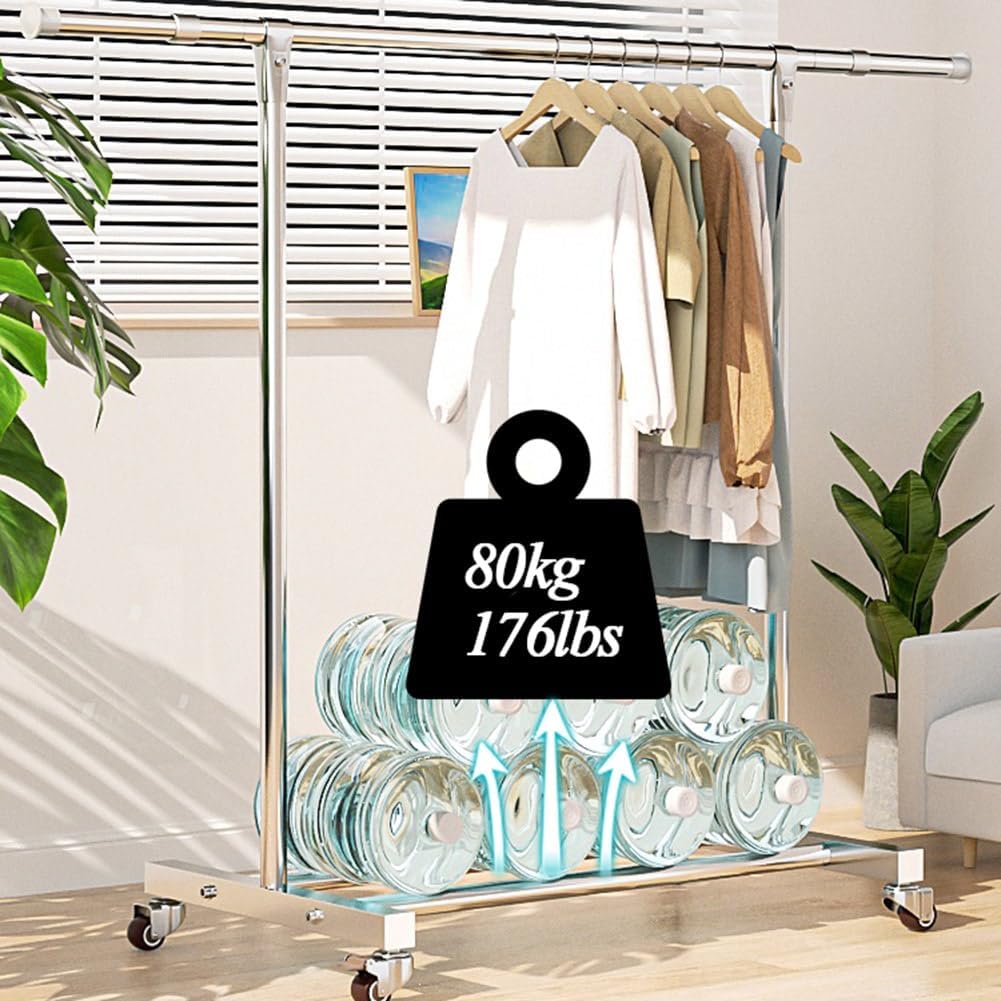 Steel Clothes Garment Rack with Wheels, Extendable Rod, Rolling Clothes Organizer with Storage Shelf, Clothing Rail on Wheels for Hanging Clothes, Load 176lbs