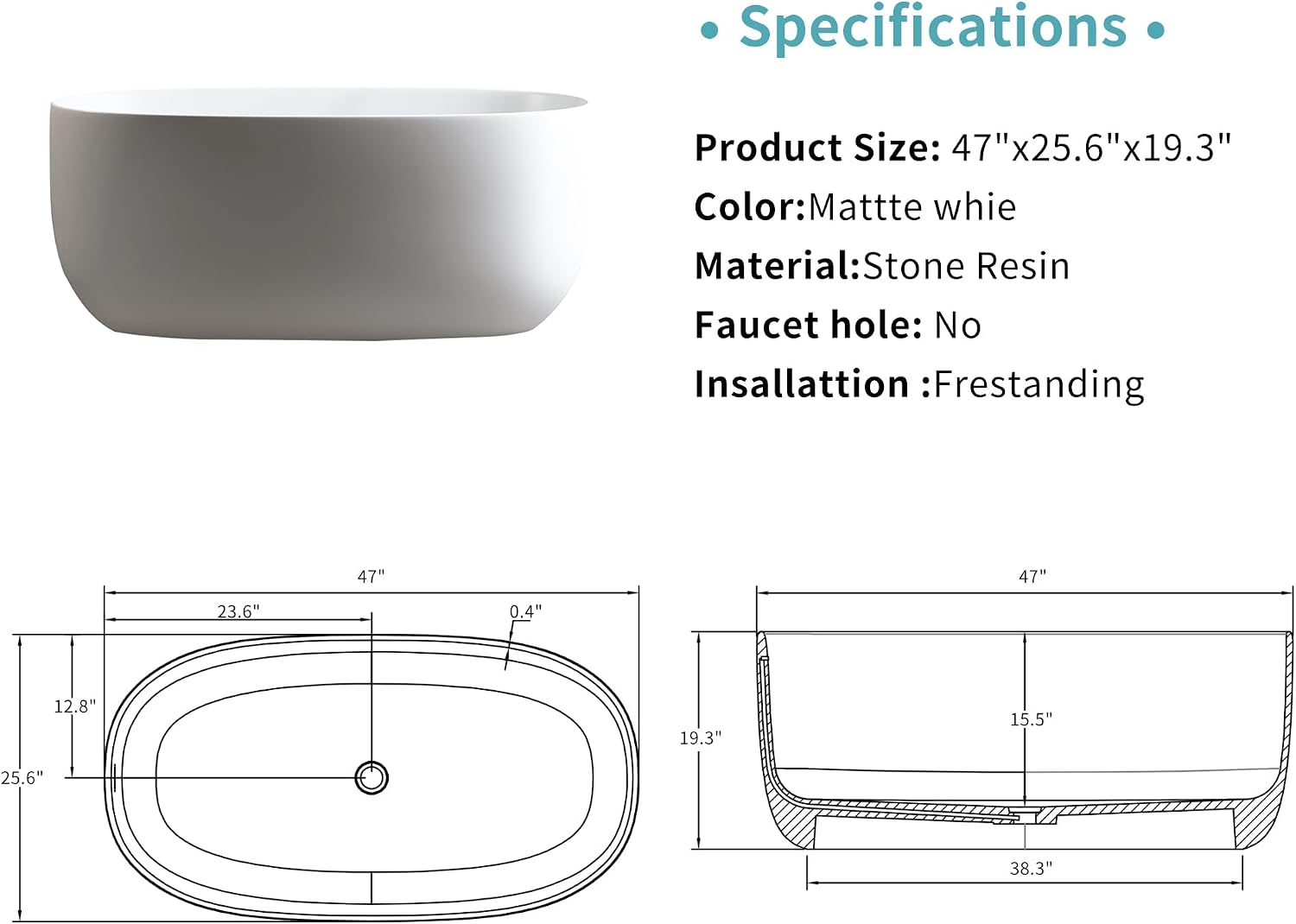 Favfurish 47' Freestanding Stone Resin Bathtub,Oval Shape Contemporary Soaking Tub w/Pop-Up Drain & Overflow, Compact Design for Small Spaces, Matte White