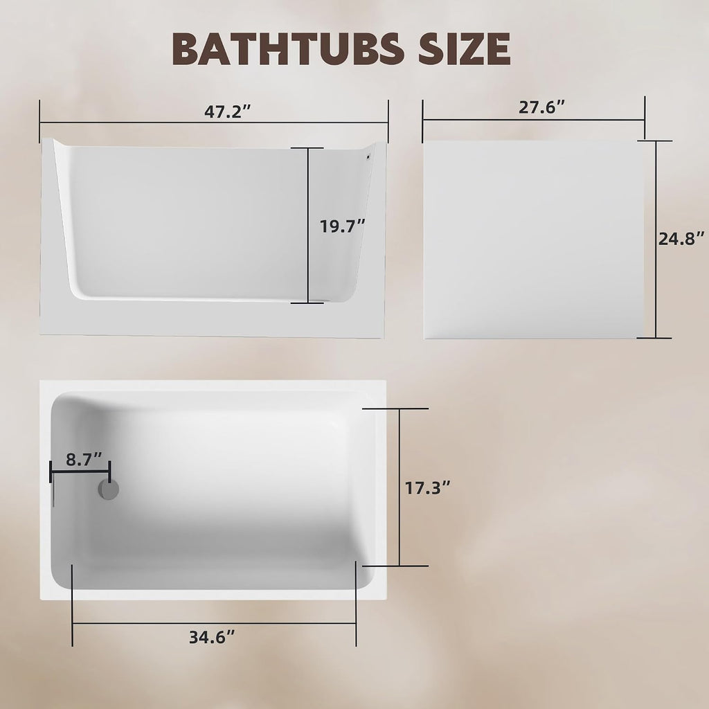 47' Acrylic Freestanding Bathtub with Seat,Deep Bathtub,Rectangle Soaking Tub with Chrome Overflow & Pop-Up Drain, CUPC Certified for Small Bathrooms
