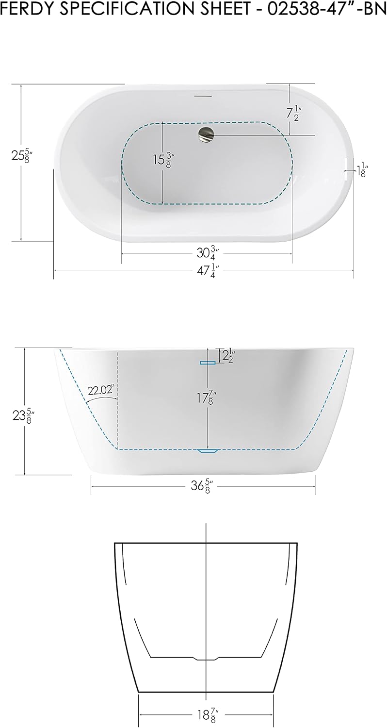 FerdY 47' Bali Acrylic Freestanding Bathtub, Gracefully Shaped Freestanding Soaking Bathtub, cUPC Certified, Brushed Nickel Drain & Bath Pillow for Bathtub,Thick Tub Pillows, Breathable 4D Air Mesh