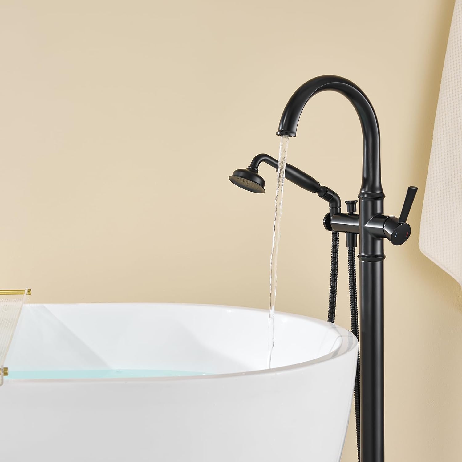 Wowkk Freestanding Bathtub Faucet Black Free Standing Tub Filler Brass Bathtub Faucets Floor Mounted Bathroom Tub Faucet with Hand Shower