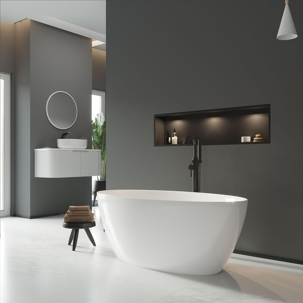 Dowell 59' x 30' Modern Acrylic Freestanding Bathtub | Elegant Oval Soaking Tub with Integrated Overflow for Bathroom, Glossy White-080 5930 21